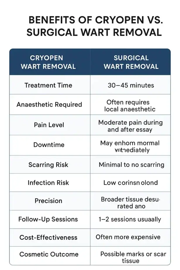 Table showing the benefits of cryopen to remove warts Welwyn Garden City compared to surgical treatment